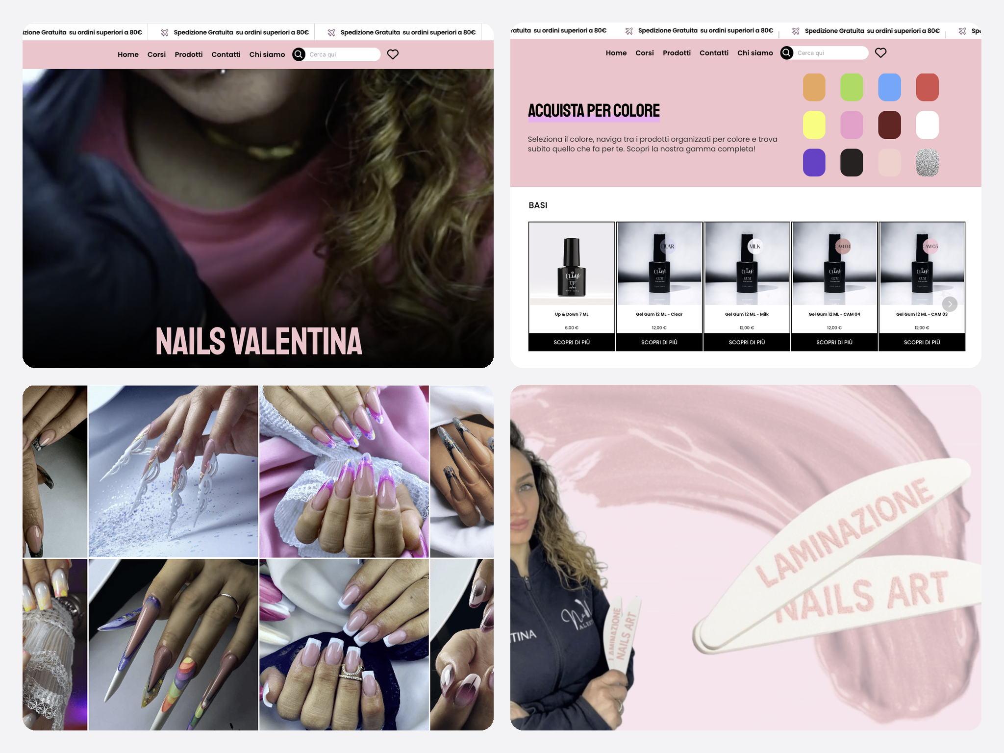 Alcune schermate: il negozio dei prodotti, l'area corsi, il contatto WhatsApp e la spedizione gratuita.