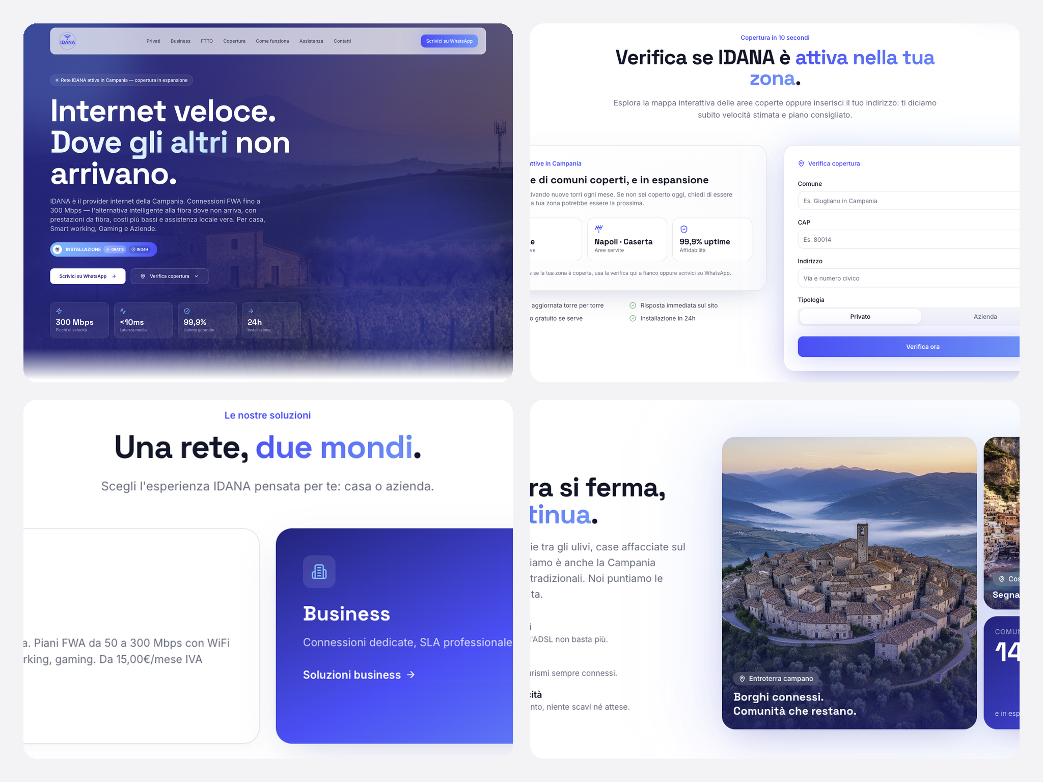 Alcune schermate: la verifica della copertura, i percorsi per privati e aziende, i dati di rete e la versione mobile.