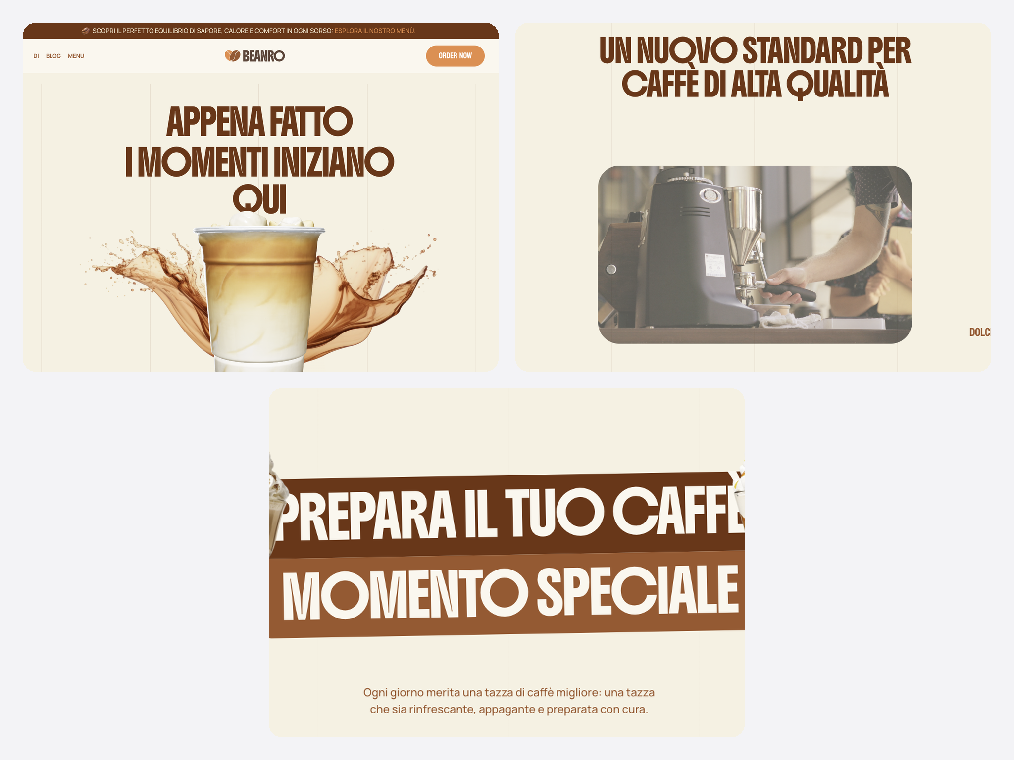 Alcune schermate: la home del prodotto, il catalogo per gusto e il checkout rapido.